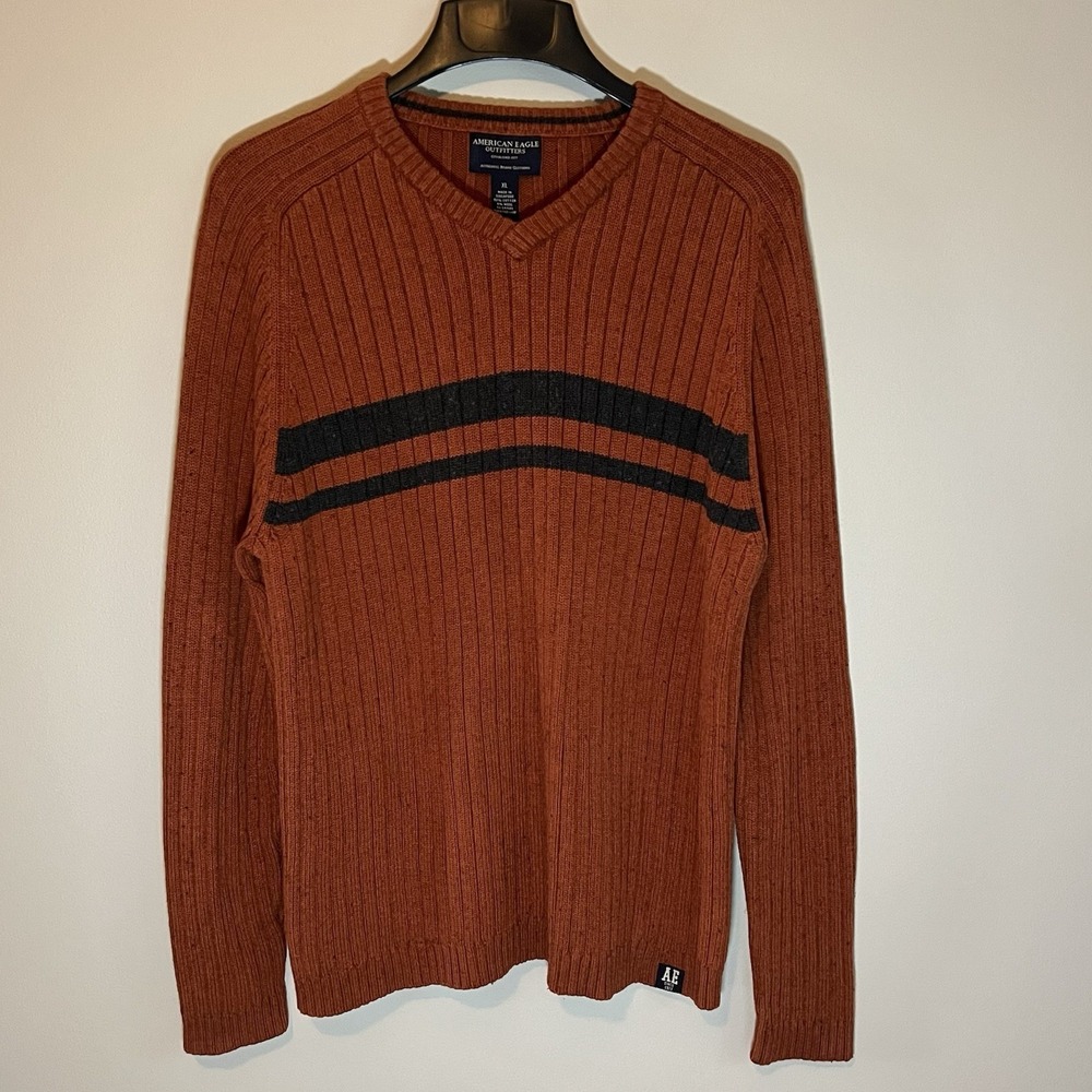 VTG  American Eagle Y2K V-neck Sweater Wool Men Orange Chest Stripe Grunge XL